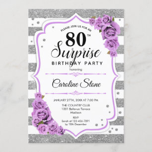 Invitación Surprise 80th Birthday - Púrpura Blanco Plateado