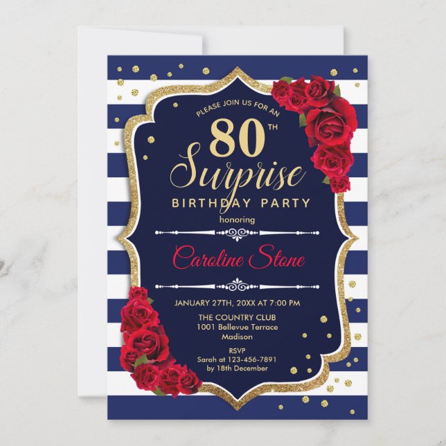 Invitación Surprise 80th Birthday - Rojo Blanco de la Marina (Anverso)