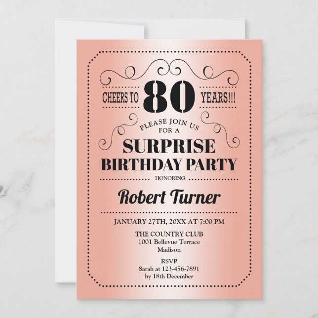 Invitación Surprise 80th Birthday - Rosa Gold Black (Anverso)