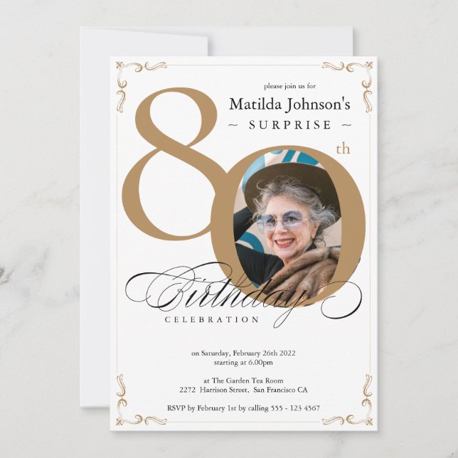 Invitación Surprise 80th Birthday White Gold Elegant Photo (Anverso)
