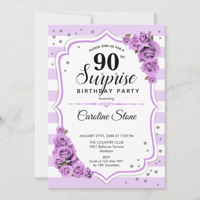 Invitación Surprise 90th Birthday - Blanco Morado (Anverso)