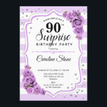 Invitación Surprise 90th Birthday - Blanco Morado<br><div class="desc">Sorpresa Invitación a Cumpleaños 90. Diseño lilaco de lavanda blanca. Presenta rayas,  rosas púrpura pastel,  fuente de escritura y confeti. Perfecto para una elegante fiesta de cumpleaños. Se puede personalizar para mostrar cualquier edad. Mándame un mensaje si necesitas más personalización.</div>