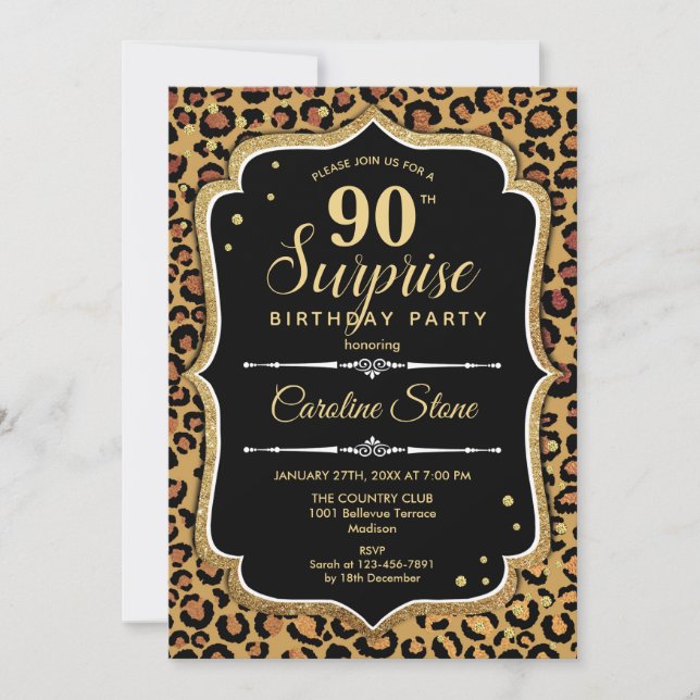 Invitación Surprise 90th Birthday - Leopard Black Gold (Anverso)