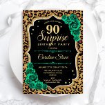 Invitación Surprise 90th Birthday - Leopard Black Gold Pink<br><div class="desc">Sorpresa 90.ª Invitación a la fiesta de cumpleaños. Diseño verde esmeralda femenino con oro falso purpurina. Presenta papel de leopardo de chita animal, rosas, letra de guión y confeti. Perfecto para una elegante celebración del cumpleaños de las mujeres. Se puede personalizar para mostrar cualquier edad. Invitaciones Zazzle impresas o una...</div>