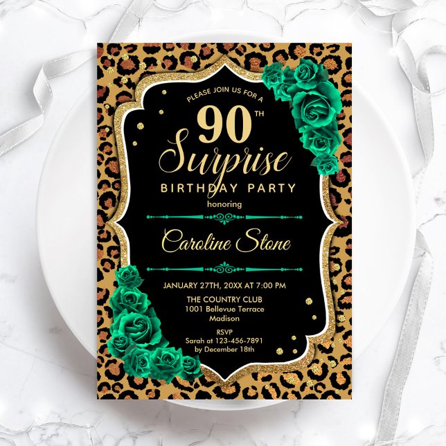 Invitación Surprise 90th Birthday - Leopard Black Gold Pink (Subido por el creador)