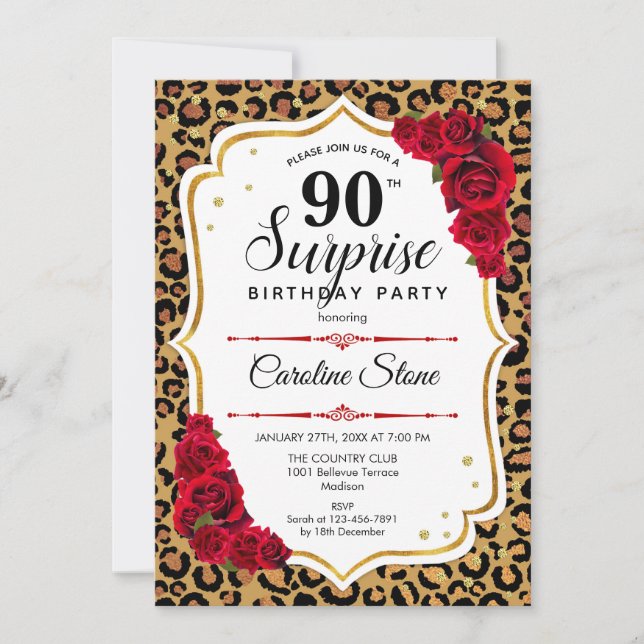 Invitación Surprise 90th Birthday - Leopard Gold White Red (Anverso)
