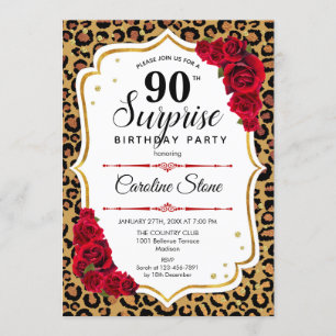Invitación Surprise 90th Birthday - Leopard Gold White Red