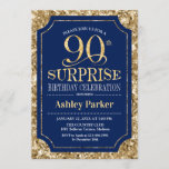 Invitación Surprise 90th Birthday Party<br><div class="desc">Invitación a la celebración de cumpleaños número 90 de sorpresa. Elegante diseño elegante en tonos azul marino y purpurina. Presenta una fuente de script elegante. Mándame un mensaje si necesitas más personalización.</div>