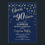 Invitación Surprise 90th Birthday Party<br><div class="desc">Sorpresa 90th Birthday Party Invitation Elegante diseño con falso oro purpurina y azul marino. Presenta el tipo de letra del guión y el perfil. ¡Saludos a 90 años! Mándame un mensaje si necesitas una edad personalizado.</div>