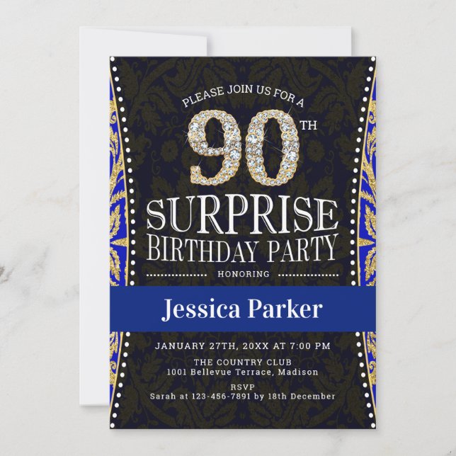 Invitación Surprise 90th Birthday Party - Azul de la Marina d (Anverso)