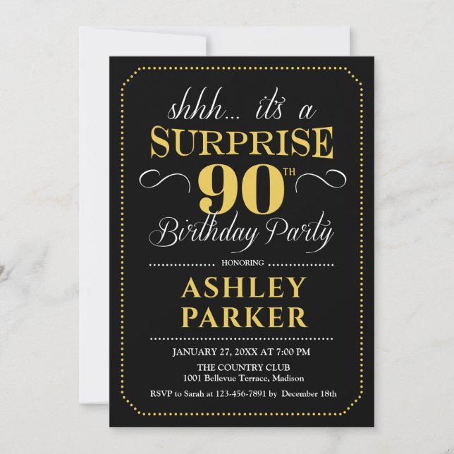 Invitación Surprise 90th Birthday Party - Black Gold (Anverso)