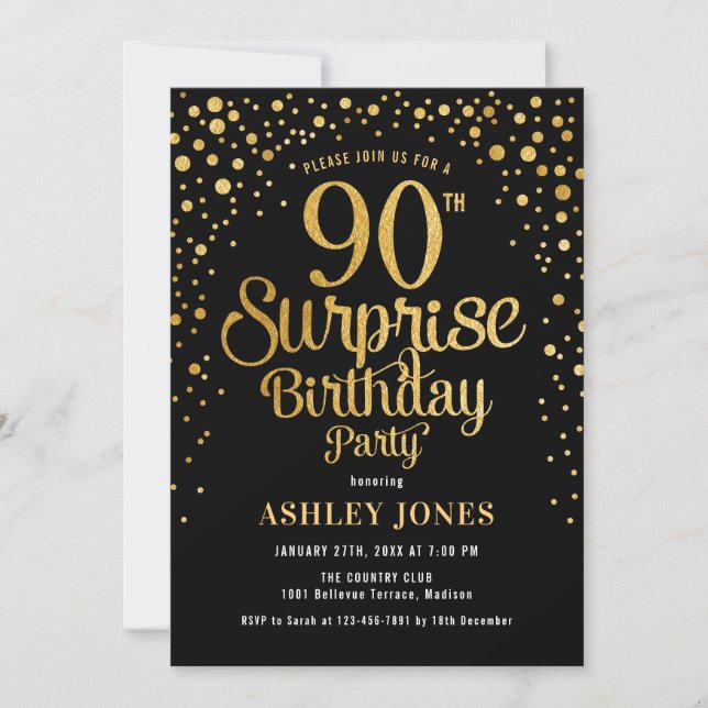 Invitación Surprise 90th Birthday Party - Black & Gold (Anverso)