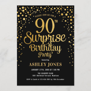 Invitación Surprise 90th Birthday Party - Black & Gold