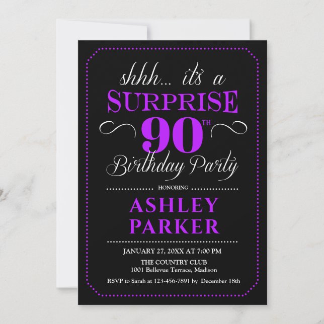 Invitación Surprise 90th Birthday Party - Black Purple (Anverso)