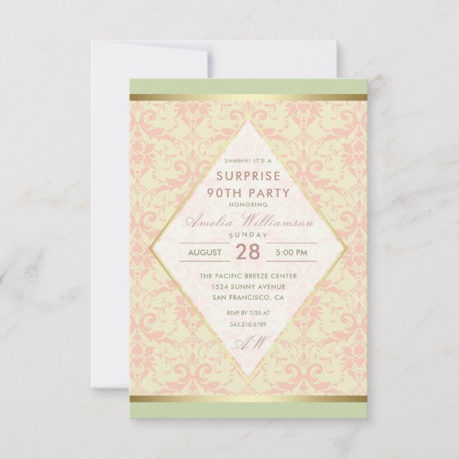 Invitación Surprise 90th Birthday Party | Damask Diamond Bow (Anverso)