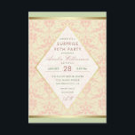 Invitación Surprise 90th Birthday Party | Damask Diamond Bow<br><div class="desc">Surprise 90th Birthday Party | Damask Diamond Bow por Eugene Designs. Envíe estas elegantes invitaciones damasquinadas y haga de su fiesta sorpresa una noche para recordar. En la parte delantera, el delicado damasco rosa de coral pastel está repleto de una alfombra de diamante dorada con tipografía elegante y las iniciales...</div>