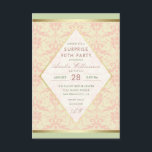 Invitación Surprise 90th Birthday Party | Damask Diamond Bow<br><div class="desc">Surprise 90th Birthday Party | Damask Diamond Bow por Eugene Designs. Envíe estas elegantes invitaciones damasquinadas y haga de su fiesta sorpresa una noche para recordar. En la parte delantera, el delicado damasco rosa de coral pastel está repleto de una alfombra de diamante dorada con tipografía elegante y las iniciales...</div>