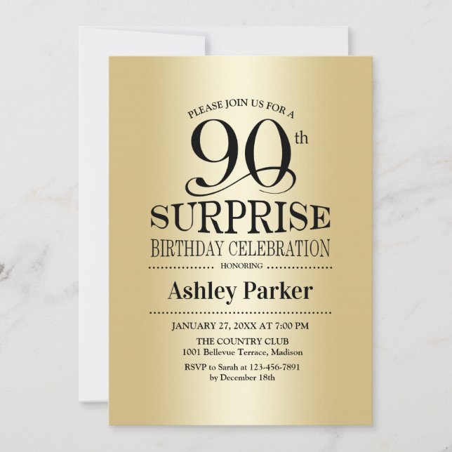 Invitación Surprise 90th Birthday Party - Gold (Anverso)
