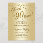 Invitación Surprise 90th Birthday Party - Gold<br><div class="desc">Sorpresa 90th Birthday Party Invitation Elegante diseño con falso oro purpurina. Presenta el tipo de letra del guión y el perfil. ¡Saludos a 90 años! Mándame un mensaje si necesitas una edad personalizado.</div>