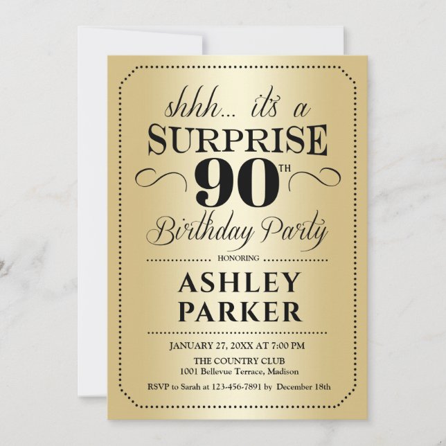 Invitación Surprise 90th Birthday Party - Gold (Anverso)