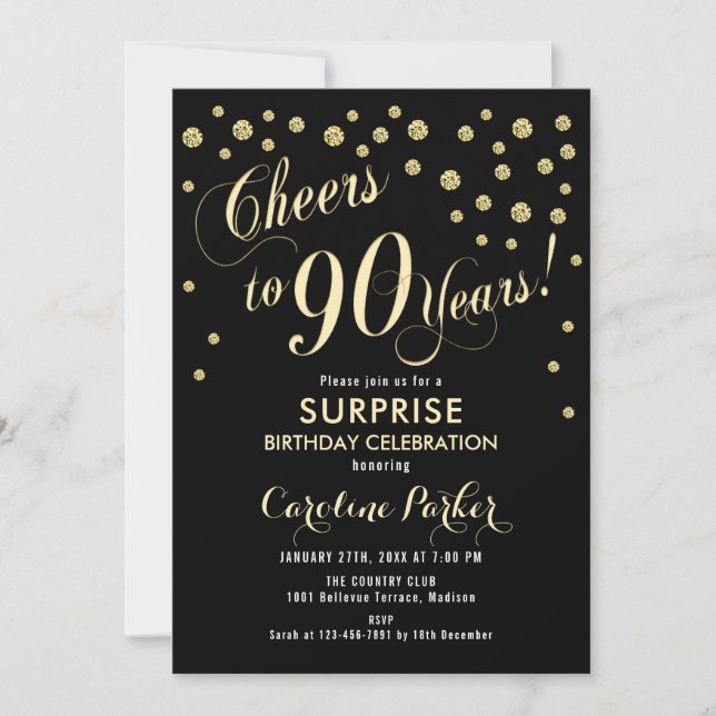 Invitación Surprise 90th Birthday Party - Gold Black (Anverso)