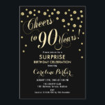 Invitación Surprise 90th Birthday Party - Gold Black<br><div class="desc">Sorpresa 90th Birthday Party Invitation Elegante diseño con falso oro purpurina y negro. Presenta el tipo de letra del guión y el perfil. ¡Saludos a 90 años! Mándame un mensaje si necesitas una edad personalizado.</div>