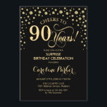 Invitación Surprise 90th Birthday Party - Gold Black<br><div class="desc">Sorpresa 90.ª Invitación a la fiesta de cumpleaños. Diseño elegante en oro negro y falso purpurina . Presenta el tipo de letra de guión y los diamantes confetti. ¡Saludos a 90 años! Mándame un mensaje si necesitas más personalización.</div>