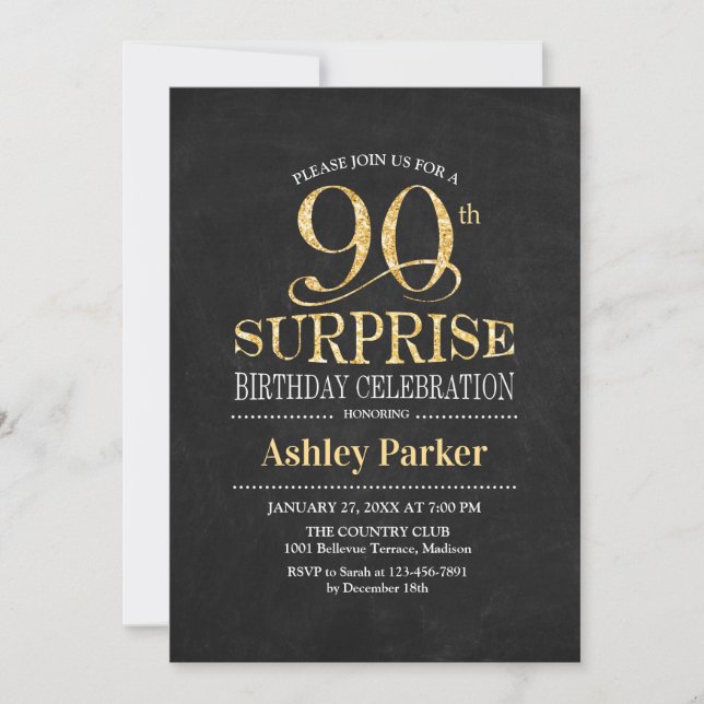 Invitación Surprise 90th Birthday Party - Gold Black (Anverso)