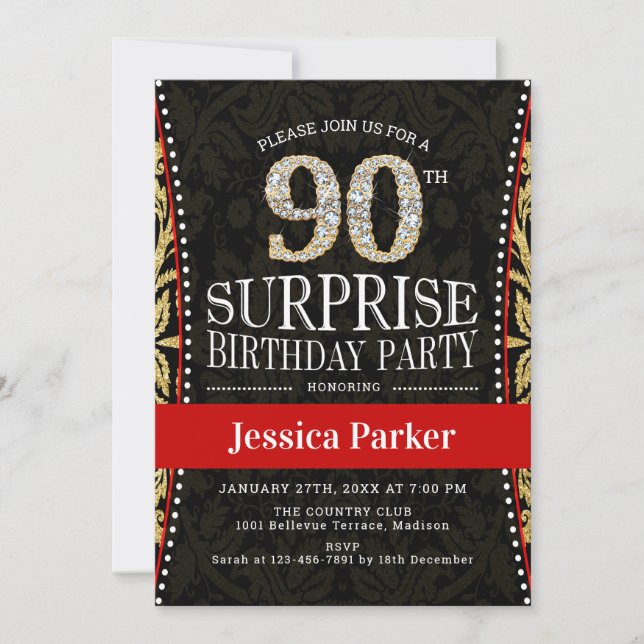 Invitación Surprise 90th Birthday Party - Gold Black Red (Anverso)