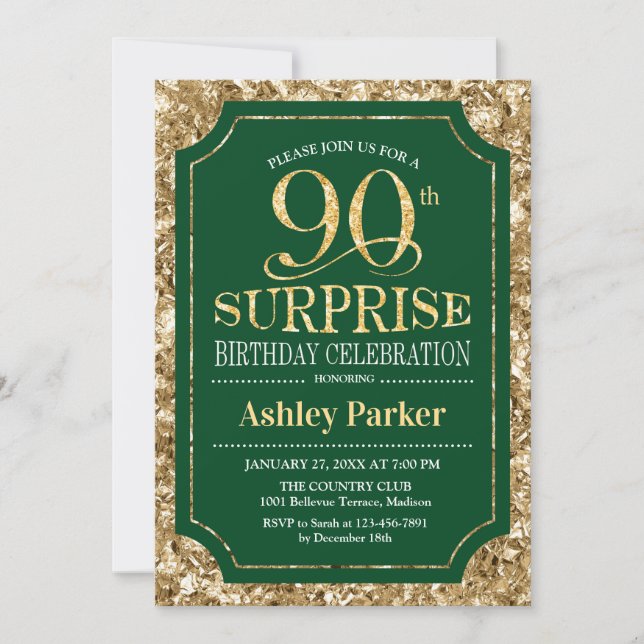 Invitación Surprise 90th Birthday Party - Gold Green (Anverso)