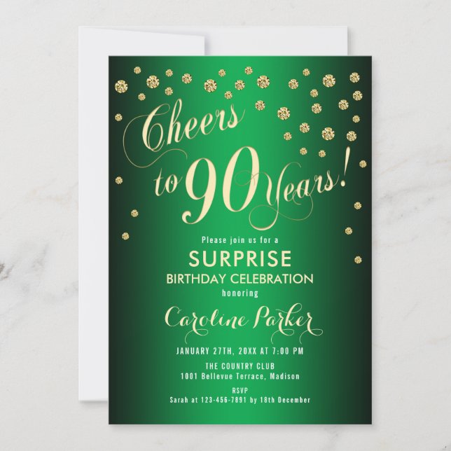 Invitación Surprise 90th Birthday Party - Gold Green (Anverso)