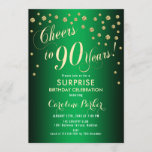 Invitación Surprise 90th Birthday Party - Gold Green<br><div class="desc">Sorpresa 90th Birthday Party Invitation Elegante diseño con falso oro purpurina y verde. Presenta el tipo de letra del guión y el perfil. ¡Saludos a 90 años! Mándame un mensaje si necesitas una edad personalizado.</div>