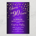 Invitación Surprise 90th Birthday Party - Gold Purple<br><div class="desc">Sorpresa 90th Birthday Party Invitation Elegante diseño con falso oro purpurina y morado. Presenta el tipo de letra del guión y el perfil. ¡Saludos a 90 años! Mándame un mensaje si necesitas una edad personalizado.</div>