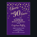 Invitación Surprise 90th Birthday Party - Gold Purple<br><div class="desc">Sorpresa 90th Birthday Party Invitation Elegante diseño con falso oro purpurina y morado. Presenta el tipo de letra del guión y el perfil. ¡Saludos a 90 años! Mándame un mensaje si necesitas una edad personalizado.</div>