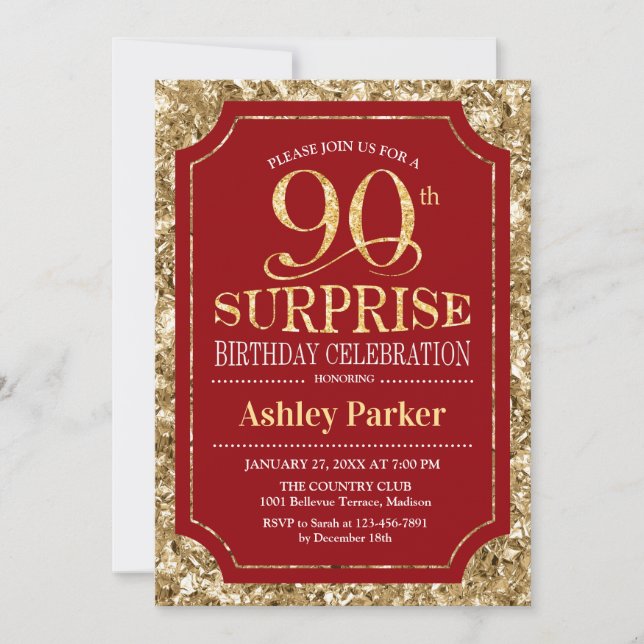 Invitación Surprise 90th Birthday Party - Gold Red (Anverso)
