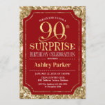 Invitación Surprise 90th Birthday Party - Gold Red<br><div class="desc">Invitación a la celebración de cumpleaños número 90 de sorpresa. Elegante diseño elegante en tonos rojos oscuros y purpurinas falsos. Presenta una fuente de script elegante. Mándame un mensaje si necesitas más personalización.</div>