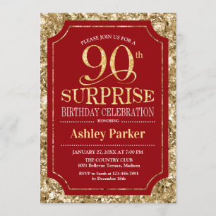 Invitación Surprise 90th Birthday Party - Gold Red