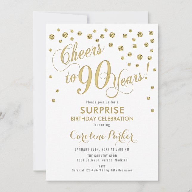 Invitación Surprise 90th Birthday Party - Gold White (Anverso)