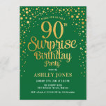 Invitación Surprise 90th Birthday Party - Green & Gold<br><div class="desc">Sorpresa 90.ª Invitación a la fiesta de cumpleaños. Diseño elegante en verde bosque y oro falso purpurina. Presenta un diseño elegante de tipo de letra y letra de guión. Mándame un mensaje si necesitas edad personalizado.</div>