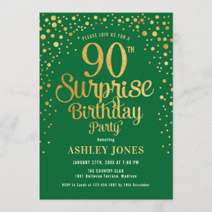Invitación Surprise 90th Birthday Party - Green & Gold