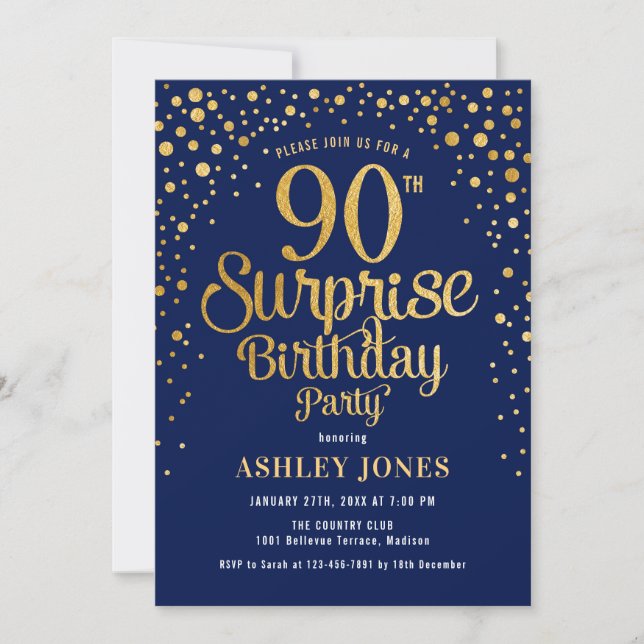 Invitación Surprise 90th Birthday Party - Navy & Gold (Anverso)