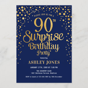 Invitación Surprise 90th Birthday Party - Navy & Gold