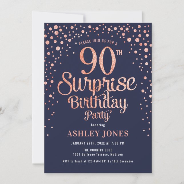 Invitación Surprise 90th Birthday Party - Navy & Rosa Gold (Anverso)