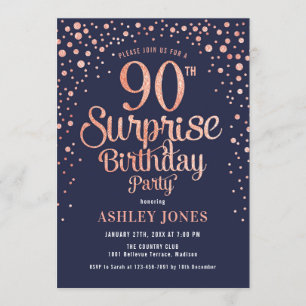 Invitación Surprise 90th Birthday Party - Navy & Rosa Gold