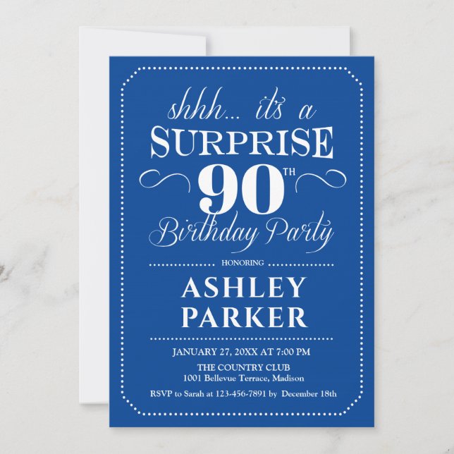 Invitación Surprise 90th Birthday Party - Navy White (Anverso)