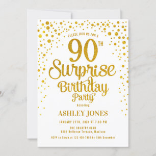 Invitación Surprise 90th Birthday Party - Oro y Blanco