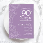 Invitación Surprise 90th Birthday Party - Purple Floral<br><div class="desc">Invitación a la fiesta de cumpleaños 90 de Purple Floral Surprise. Diseño moderno minimalista con acentos botánicos y tipo de letra de escritura tipográfica. Tarjeta de invitación femenina simple perfecta para una elegante celebración de cumpleaños sorpresa femenina. Se puede personalizar a cualquier edad.</div>