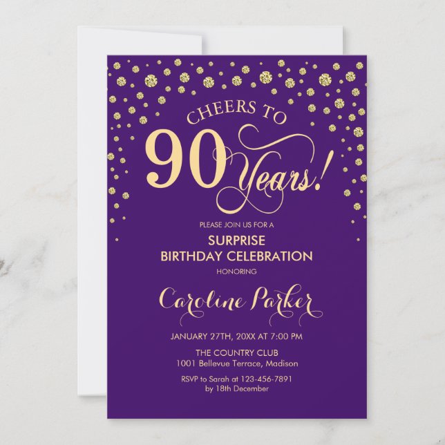 Invitación Surprise 90th Birthday Party - Purple Gold (Anverso)