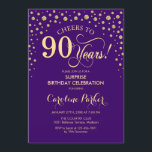 Invitación Surprise 90th Birthday Party - Purple Gold<br><div class="desc">Sorpresa 90.ª Invitación a la fiesta de cumpleaños. Elegante diseño de color púrpura real y oro falso purpurina. Presenta el tipo de letra de guión y los diamantes confetti. ¡Saludos a 90 años! Mándame un mensaje si necesitas más personalización.</div>