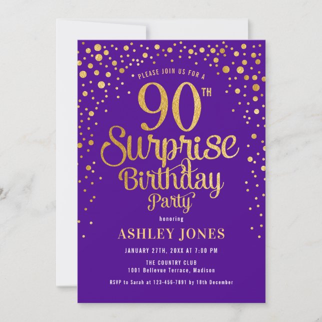 Invitación Surprise 90th Birthday Party - Purple & Gold (Anverso)